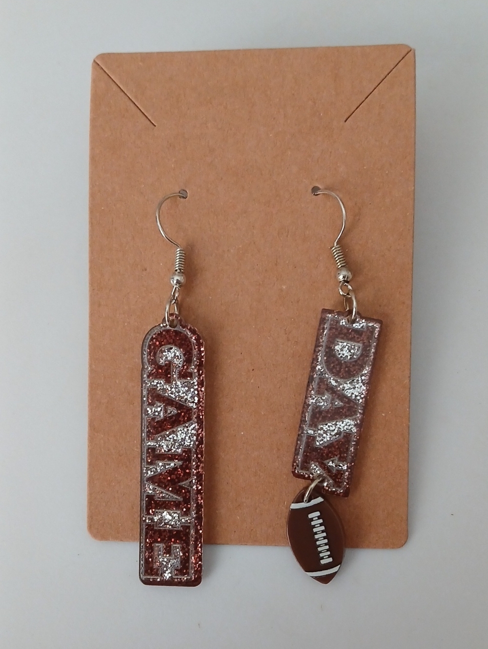 Game Day Dangle Earrings - Brown Glitter "GAME" and Football Charm